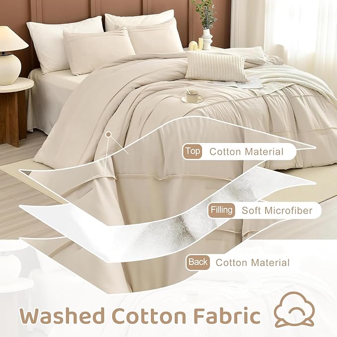 Sanracie Cotton King Comforter Set(106"x 95"),Wheat Colored Pinch Pleat Soft Comforter Bedding Sets 3Pcs Lightweight Breathable Bedding Set for All Season