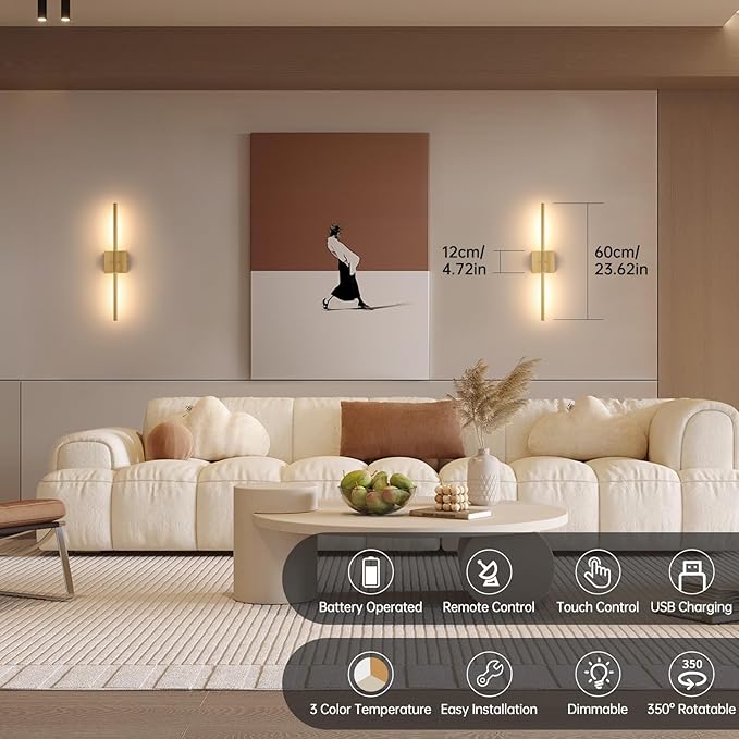 Battery Operated Wall Sconce Set of 2, 8000mAh Wireless Wall Sconces, 3000K-6000K Dimmable, 350°Rotate, Indoor Wall Lights for Bedroom Living Room Bathroom, Gold, 23.6 Inch