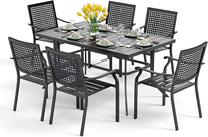 PHI VILLA Outdoor Modern Dining Table Set for 6 Dining Chairs Patio Furniture Set of 7, Metal Patio Table with Umbrella Hole & Wrought Iron Chairs for Bistro Backyard Garden