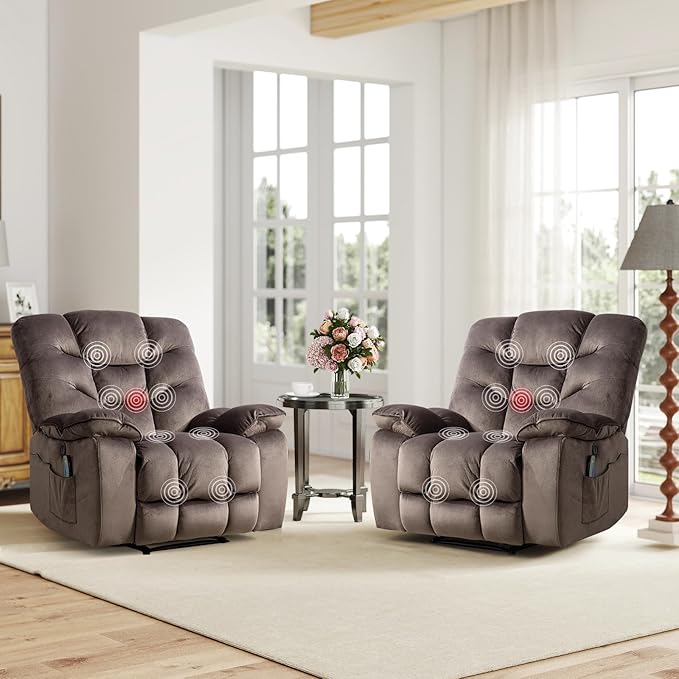 Oversized Power Recliner Chair with Massage and Heat Set of 2, 41" Wide Electric Reclining Chairs with USB Port, Breathable Fabric Overstuffed Reclining Sofa for Living Room Bedroom