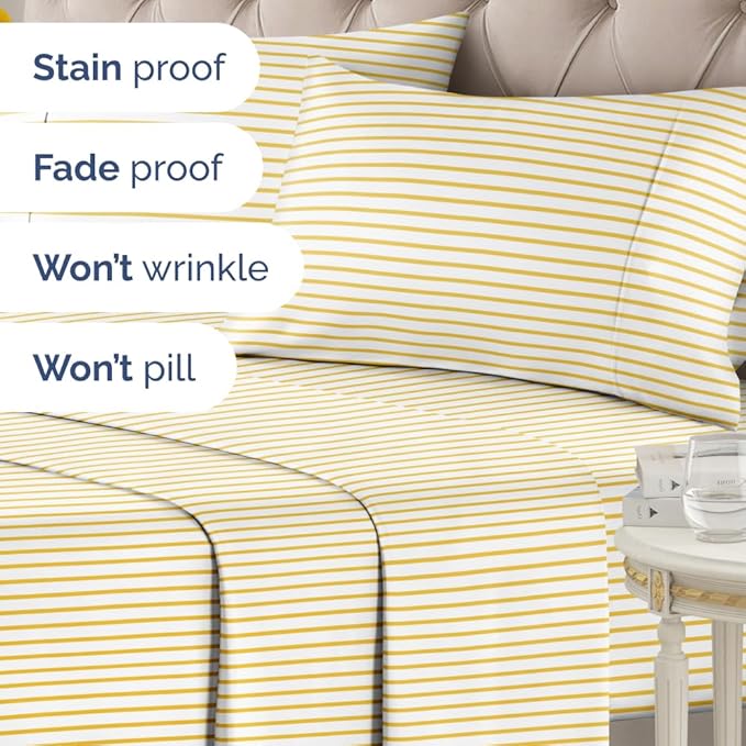 Yellow Striped Sheets - 1 Flat & 1 Fitted Sheet & 2 Pillowcases w/ Deep Pockets - Cozy, Wrinkle & Fade Resistant - Ultra-Soft, Comfy, Breathable & Cooling - Luxury Pinstripe Bedding - Queen Size
