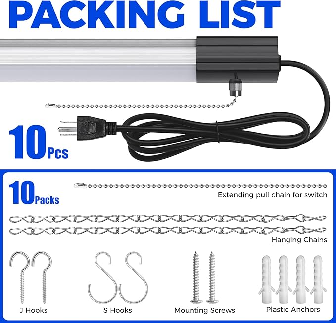 Barrina BS84 LED Shop Lights for Workshop 4FT, 84W, 10000LM, 6500K Utility Shop Lights, Pull Chain ON/Off, Hanging or Flush Mount, ETL, 10 Packs