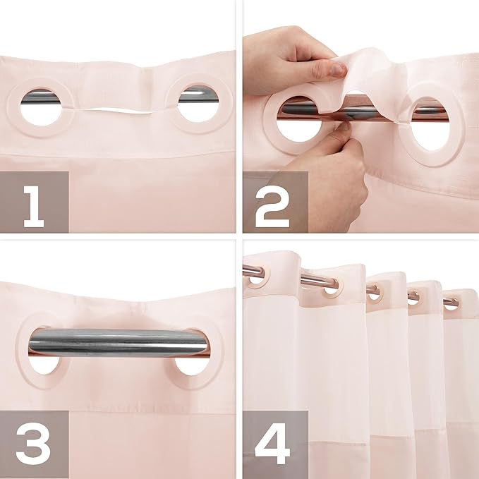 No Hook Slub Textured Shower Curtain with Snap-in PEVA Liner Set - 71" x 74"(72"), Hotel Style with See Through Top Window, Fabric Outer Curtain & Waterproof Inner Liner, Pink, 71x74