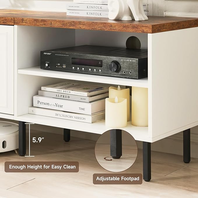 White TV Stand for Living Room, 70" Farmhouse TV Stand for 50/60/70/80 inch TV, Modern Entertainment Center with Adjustable Shelf and Cabinets, Long Media Console Table with Solid Feet