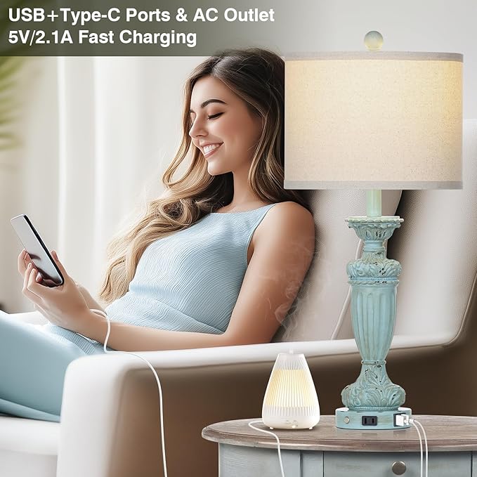 27.5" Farmhouse Resin Table Lamps Set of 2 for Living Room 3-Way Dimmable Table Lamp with USB C+A Ports,Light Blue Desk Lamps,Traditional Bedside Lamps Use for Bedroom Nightstand (Blue)
