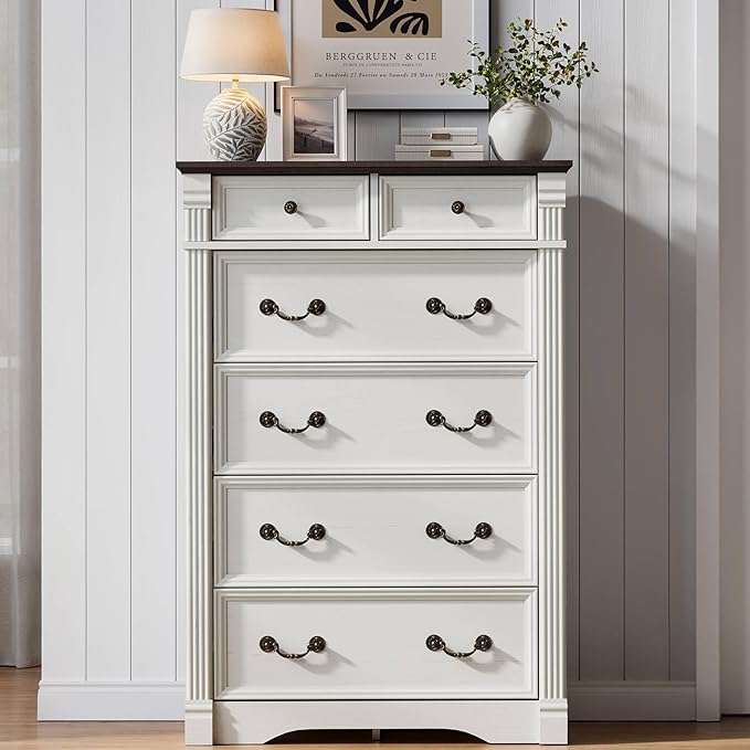 Yaamizz Farmhouse Dresser for Bedroom, 47" Tall 6 Drawer Dresser Storage with Wood Pilasters and Metal Handles, Vintage Design, Drawer Organizer for Bedroom, Hallway, White