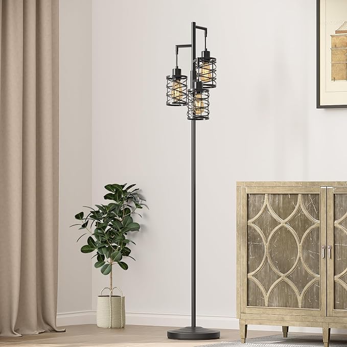 Oneach 70" Industrial Floor Lamp, Stepless Dimmable Standing Lamp with 3 Bulbs, Farmhouse Corner Standing Tree Lamp for Living Room, Tall Lamps for Bedroom, Office, Study Room, Dining Room, Black