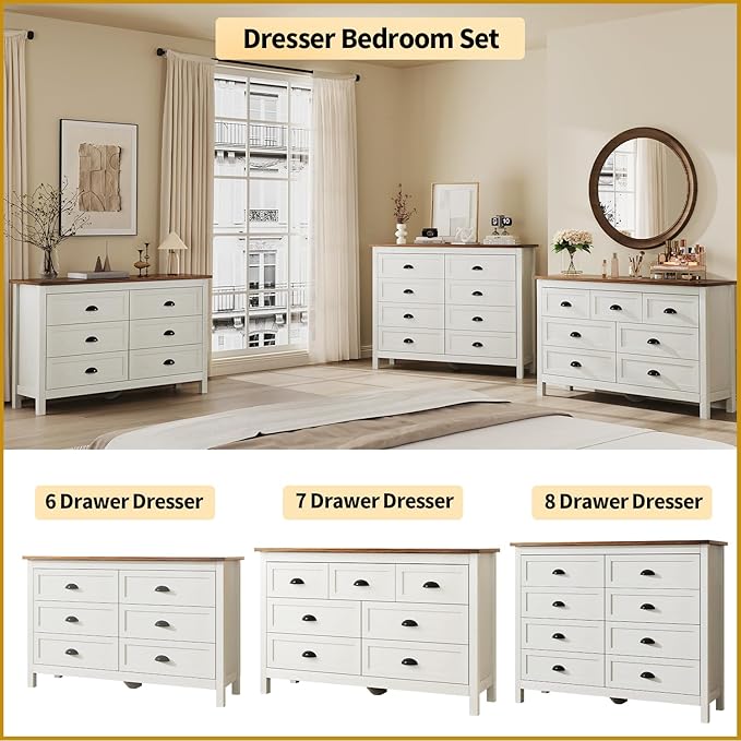 White Dresser for Bedroom, Farmhouse 6 Drawers Dresser, Wide Chest of Drawers with Metal Handles, Modern Wood Double Chest Storage Cabinet for Living Room, Bedroom, Hallway