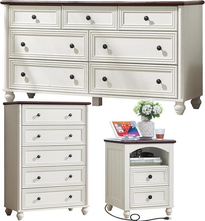 Farmhouse Dressers & Night Stand Set of 3, Wood 54" Wide Dresser & 45"Tall Chest of Drawers, 18" with Charging Station Nightstand, Bedroom Furniture 7 Drawer Dresser Set for Home Living Room Hallway