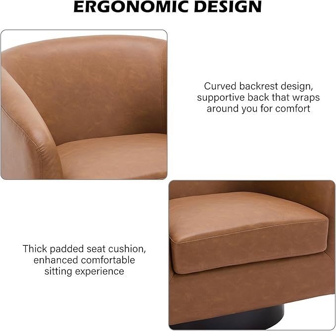 Swivel Barrel Accent Chair, Modern Round Faux Leather Arm Chair for Living Room, Bedroom, Comfy Club Reading Chairs for Adults-Faux Leather, Brown, Set of 1