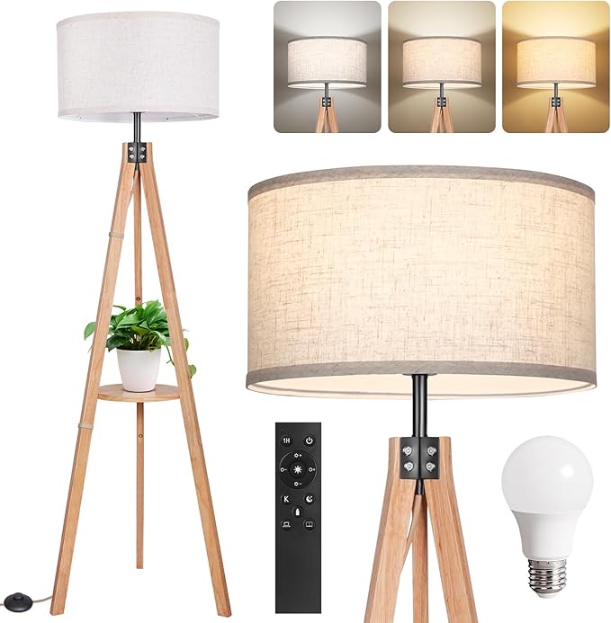 OUTON Dimmable Wood Tripod Floor Lamp with Shelves, Remote Control, Mid Century Modern Standing Lamp 58.5" for Bedroom, Living Room, and Office, Flaxen Lamp Shade Include E26 9W Bulb