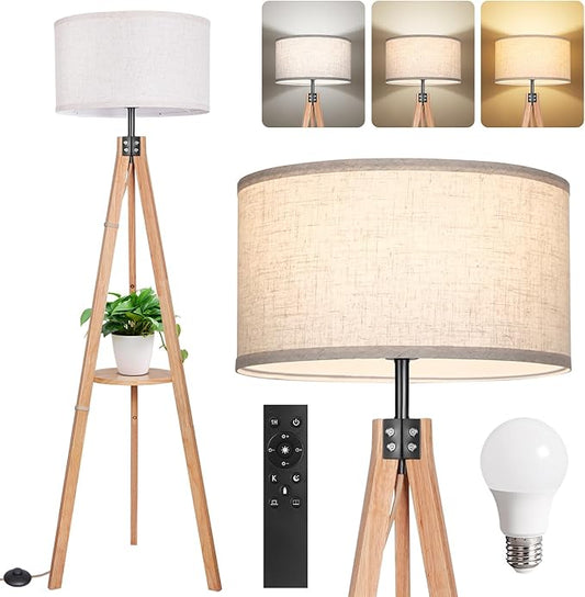 OUTON Dimmable Wood Tripod Floor Lamp with Shelves, Remote Control, Mid Century Modern Standing Lamp 58.5" for Bedroom, Living Room, and Office, Flaxen Lamp Shade Include E26 9W Bulb