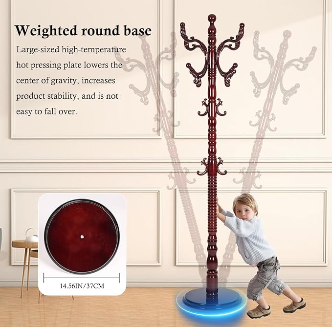 Coat Rack Stand, Solid Wooden Coat Tree with 14 Hooks, Heavy Duty Coat Rack Freestanding with Sturdy Round Base, Natural Birch Wood Coat Hanger Stand for Entryway Bedroom (Rosewood)