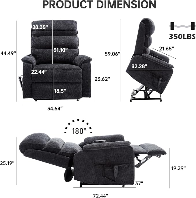 Lay Flat Lift Chair with Heat and Massage, Dual Motor Recliner, Infinite Position, Up to 350 LBS, Dark Grey, Chenille Fabric