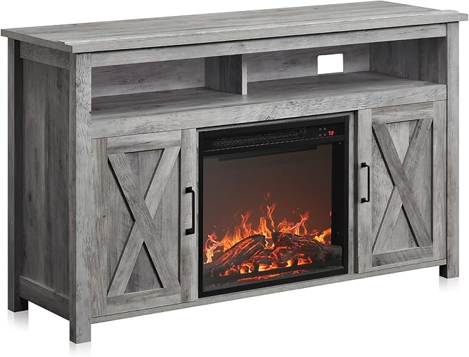 BELLEZE Modern 48" Barn Door Wood TV Stand with 18" Electric Fireplace Heater & Media Entertainment Center Console Table for TV up to 50" with Two Open Shelves and Cabinets - Corin (Grey Wash)