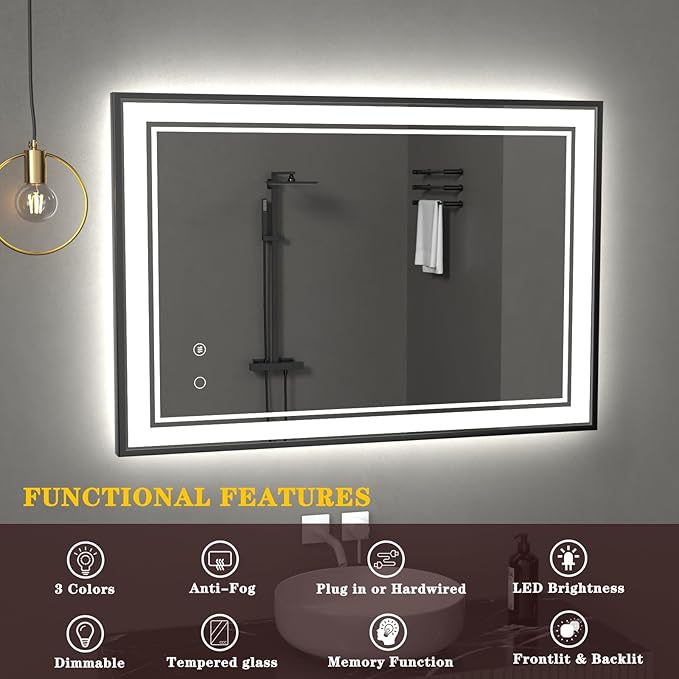 28" x 36" LED Bathroom Mirror with Lights Black Framed LED Mirror for Bathroom Lighted Bathroom Mirror Backlit and Front Black Aluminum Frame Anti-Fog Dimmable Vanity Smart Memory