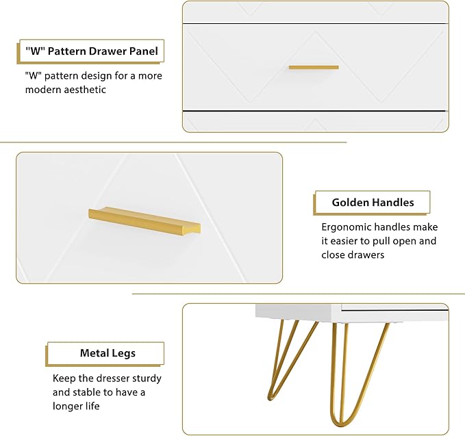 White Dresser for Bedroom, 6 Drawer Dresser with Golden Handles, Wood Modern Double Chest for Hallway, Entryway