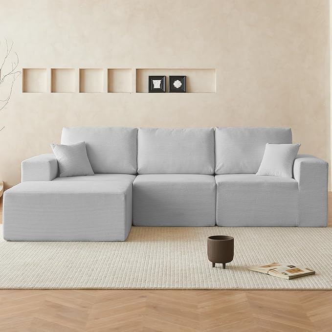 INGEROOM 108" Cloud Sectional Couch, Modular Sectional Sofa with L-Shaped Chaise, Modern Plush Corduroy Couch for Living Room Bedroom, No Assembly Required, Deep Seat（Gray）