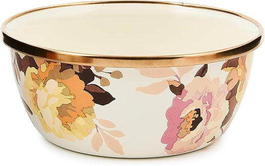 MACKENZIE-CHILDS Enamel Pinch Bowl, Small Bowl for Cooking Ingredients, 1.5-Cup Capacity, Wild Rose White