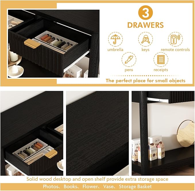 RUSTOWN Fluted Wood Console Table with 3 Drawers, Boho Narrow Behind Couch Entryway Table with Open Storage Shelf, Modern Sofa Table for Living Room, Foyer and Hallway (Black)