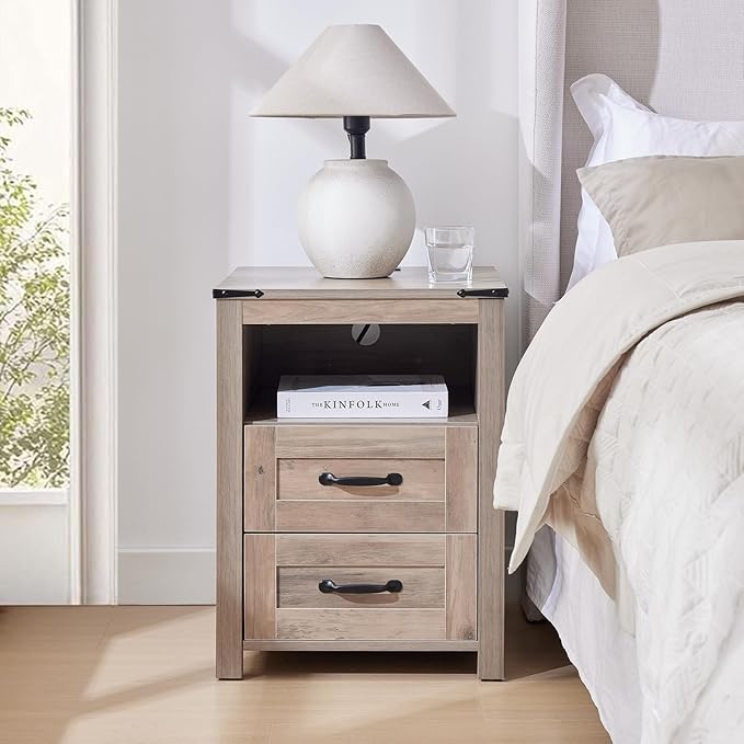 Farmhouse Night Stand Set of 2, Rustic Sierra Nightstand for Bedroom, End Tables with Charging Station, Bedside Table with Drawers, Wood Bedside Cabinet Dresser