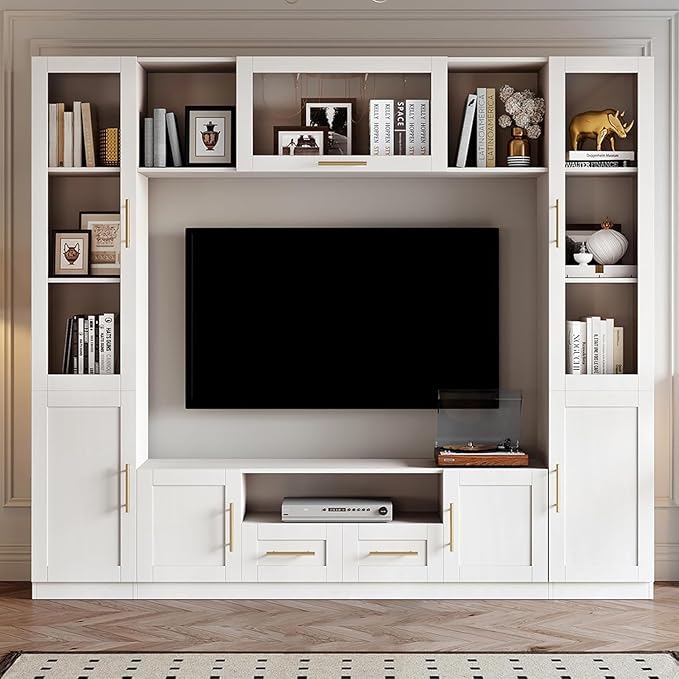 Entertainment Wall Unit, 4-Piece Large TV Stand Wall Unit Entertainment Center with Bookshelves & Storage, Wall Media Center with Shelves for TVs Up to 70", Media Console for Living Room, White.