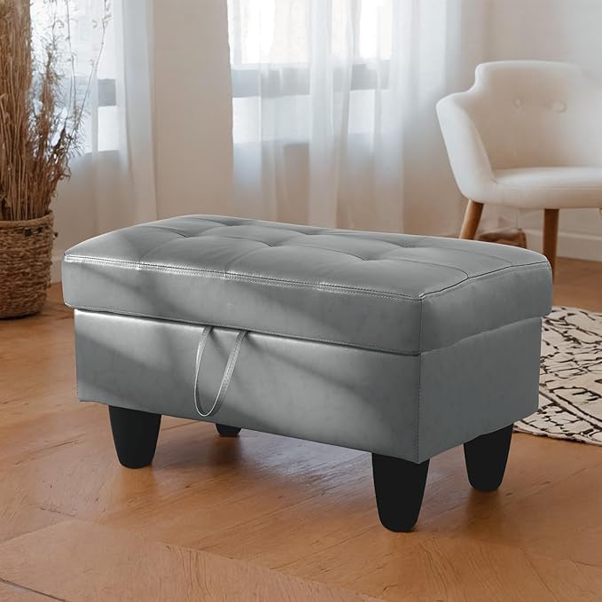 Ottoman Rectangular Storage Ottoman Bench, Faux Leather Footrest, Coffee Table, Stool Footstool with Hinged Lid for Living Room, Bedroom, Entryway, Light Blue, 35"x23.5"x17.5"