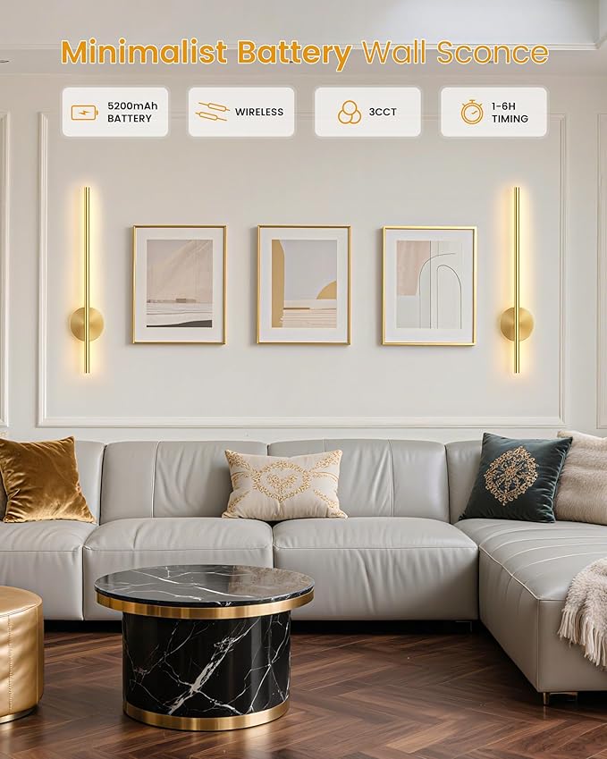 NIORSUN 27.6 Inch Battery Operated Wall Sconce Set of 2, Gold Minimalism Rechargeable Wall Lights with Remote, 3CCT Dimmable Wireless Wall Lamp for Living Room Bedroom Hallway