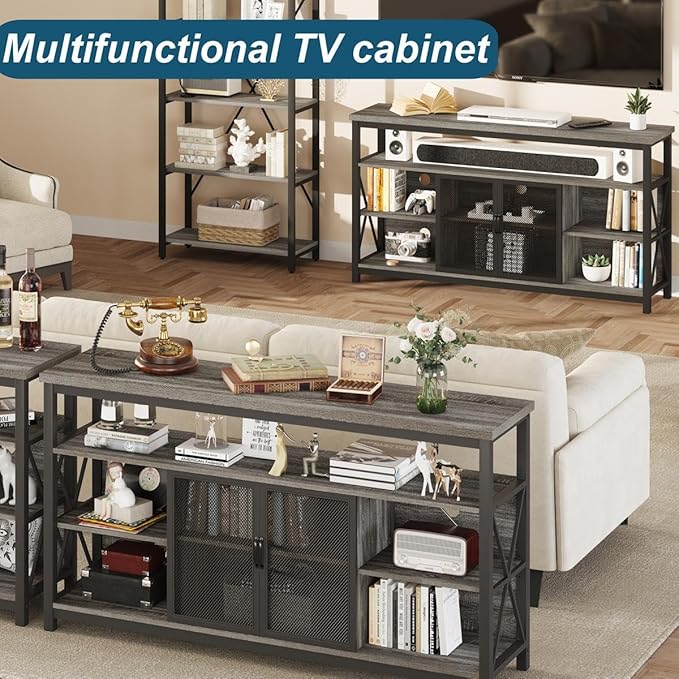 BON AUGURE Tall TV Stand for TVs up to 65 Inch, Industrial Entertainment Center with Storage Cabinet, Rustic Wood Media Console Table for Living Room and Bedroom (32 Inch High, Grey Oak)