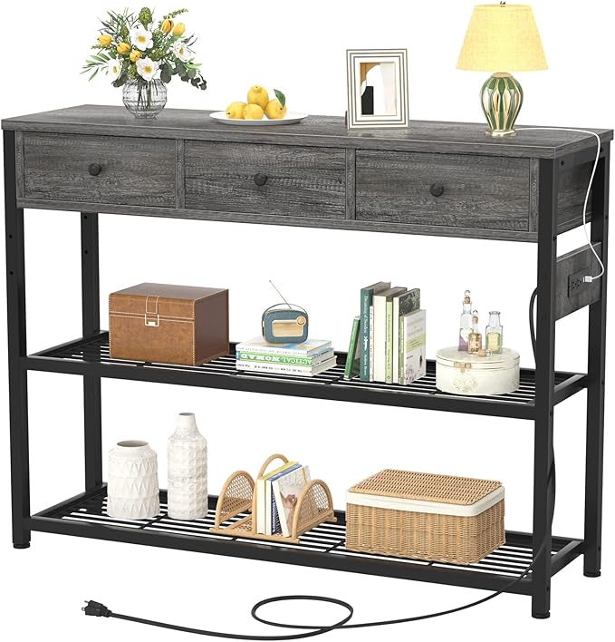 Ecoprsio 47'' Entryway Table with Outlets and USB Ports, Console Table with 3 Drawers, Sofa Table Narrow Long with Storage Shelves for Living Room, Couch, Hallway, Foyer, Kitchen Counter, Grey