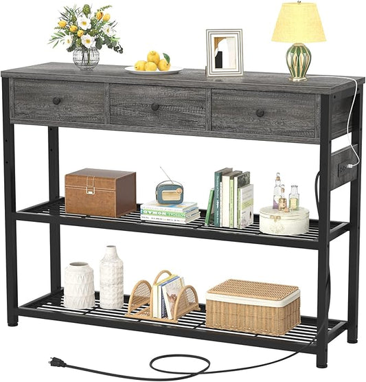 Ecoprsio 47'' Entryway Table with Outlets and USB Ports, Console Table with 3 Drawers, Sofa Table Narrow Long with Storage Shelves for Living Room, Couch, Hallway, Foyer, Kitchen Counter, Grey