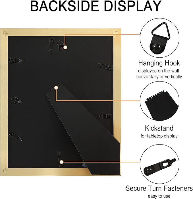 8x10 Picture Frame Set of 4, High Definition Real Glass, Display Pictures 5x7 with Mat or 8x10 Without Mat, Gallery Wall Hanging or Tabletop Photo Frames, Gold