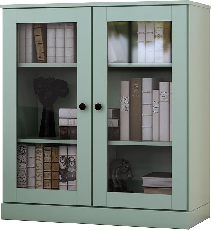 Palace Imports Solid Wood Bookcase - Floor Standing Bookshelf - 32” W - Display Furniture, Renewable 100% Eco-Friendly Wood, Made in Brazil (Sage, Clear Glass Doors | 3-Shelf Short Bookcase)