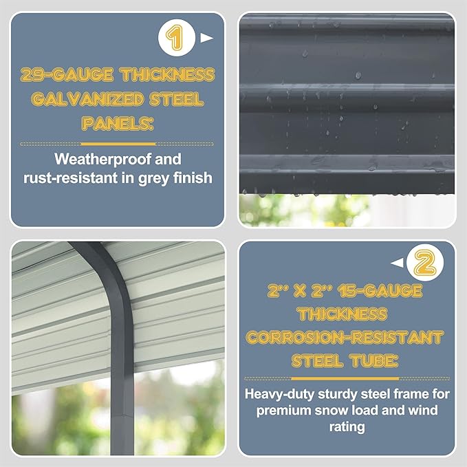 MUPATER 12 x 20 FT Metal Carport Kit, Outdoor Heavy Duty Garage Car Shelter Shade with Metal Roof, Carport Canopy with Frame and Bolts for Car, and Boat, Grey