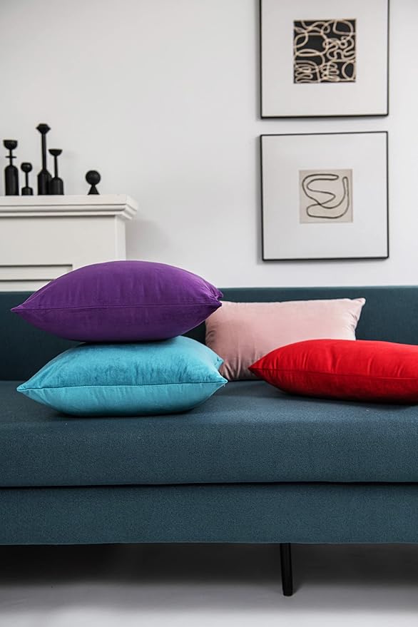 DEZENE Throw Pillow Cases 16x16 Turquoise: 2 Pack Cozy Soft Velvet Square Decorative Pillow Covers for Farmhouse Home Decor