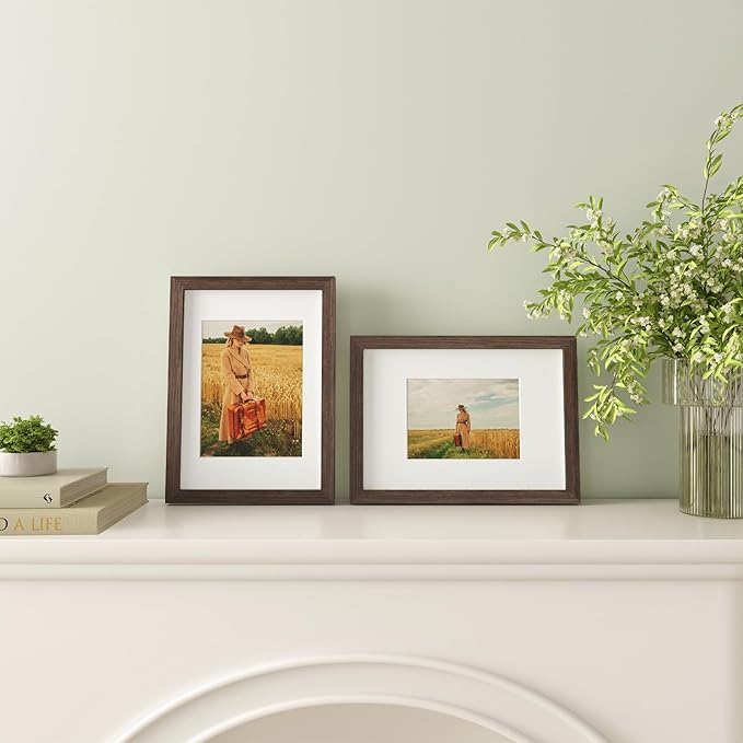 Egofine A4 Picture Frame Made of Solid Wood with Plexiglass, Display Pictures 4x6/6x8 with Mat or A4 Without Mat for Tabletop and Wall Mounting, Rustic Brown