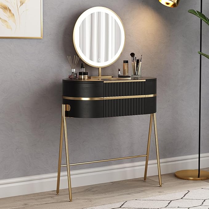 Makeup Vanity with Mirror and Lights - with LED Mirror,Very Easy to Assemble,Glass Top for Bedroom,Stainless Steel Foot