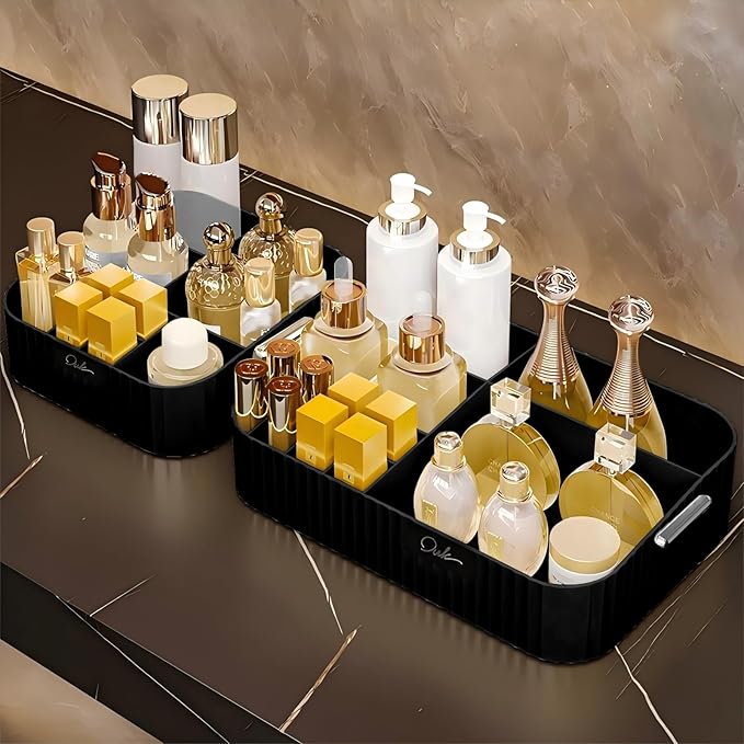 DASITON Large Capacity Makeup Organizer,12 Slots Makeup Brush Holder,Makeup Storage with Handle,Vintage Striped Cosmetic Organizer for Bathroom Countertops,Desk Storage Container(Black)