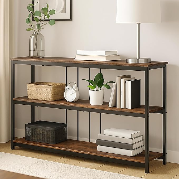 INHABIT UNION Sofa Console Table, Farmhouse Long Entryway Table with Storage and Shelf 3Tier Sofa Table Behind Couch for Living Room,Foyer 47inch,Rustic Brown