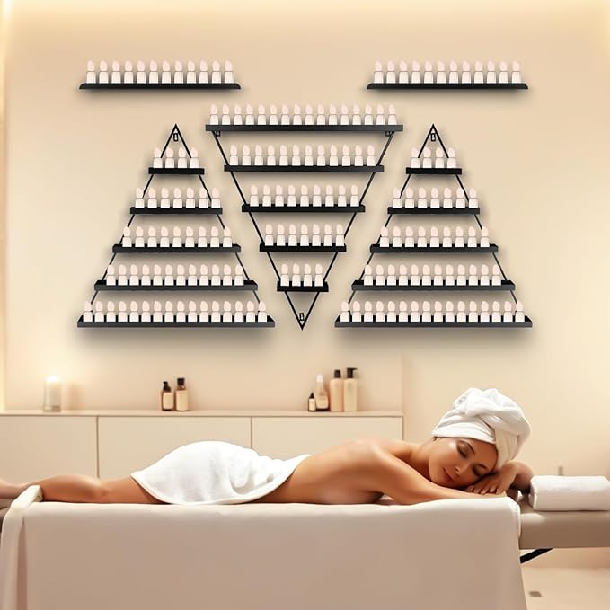 10PCS Metal Wall-Mounted Nail Polish Storage Racks, 5 Tiers Black Triangular Display Rack, Cosmetic Display Cases Lipstick Perfume Wall Shelf, Essential Oil Organizers, for Home Spa Nail Salon Shop