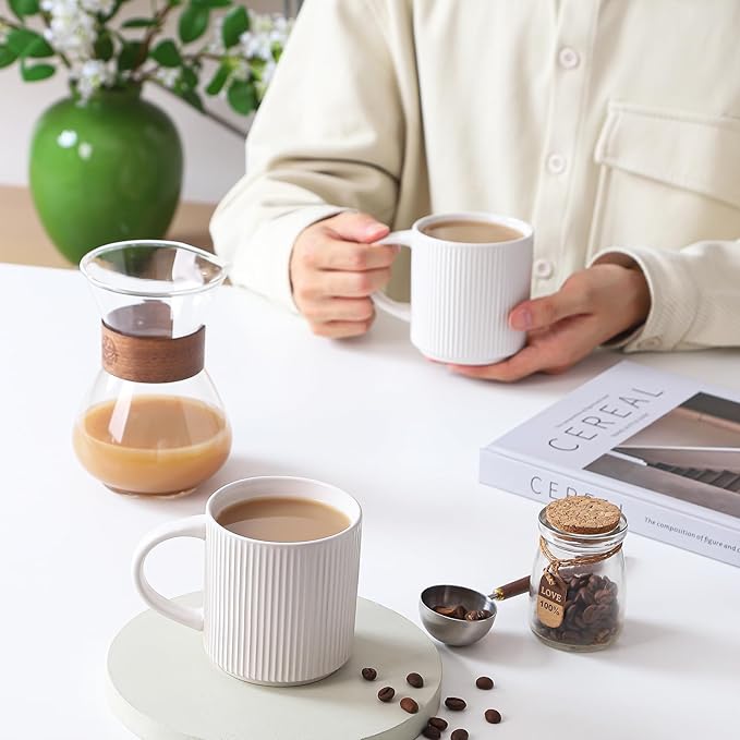 Coffee Mugs Set of 4, 12 OZ Ceramic Coffee Mugs with Handle, Vertical Stripes Coffee Cups Set for Latte/Tea/Cocoa/Milk, Microwave and Diahwasher Safe (White)