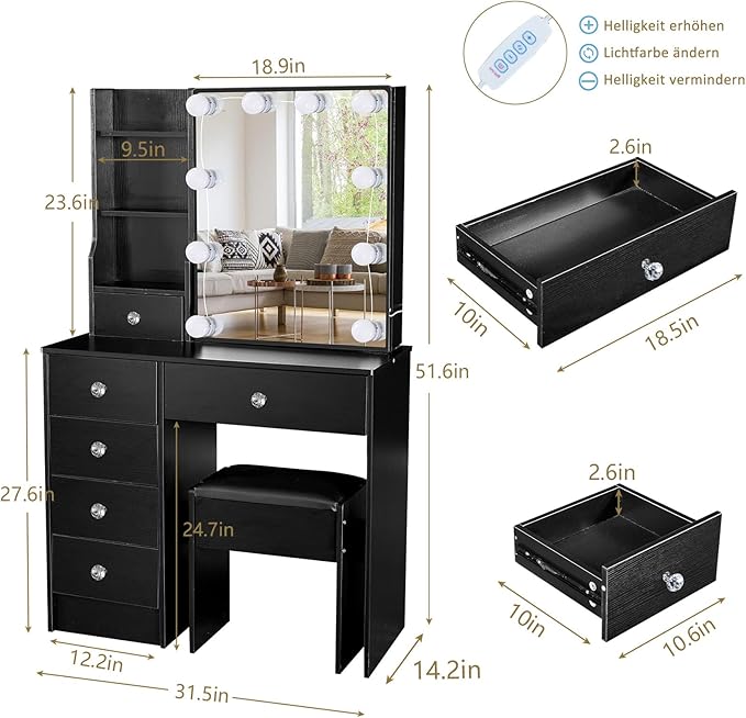 Vanity Desk with Mirror and Lights, Makeup Vanity Desks with Drawers and Shelves, Vanity Table with Adjustable Lighting and 3 Lighting Modes, Black Dressing Table with Stool for Bedroom Dressing Room