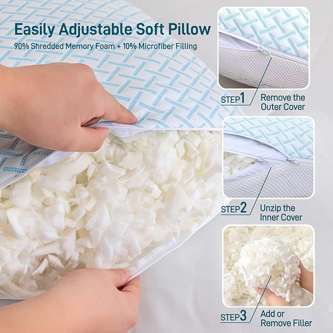 Shredded Memory Foam Cooling Soft Pillows Queen Size Set of 2, Adjustable Hypoallergenic Hotel Quality Pillow for Back, Stomach and Side Sleeper Sleeper, Bamboo Viscose Cover, Oeko-TEX Certified