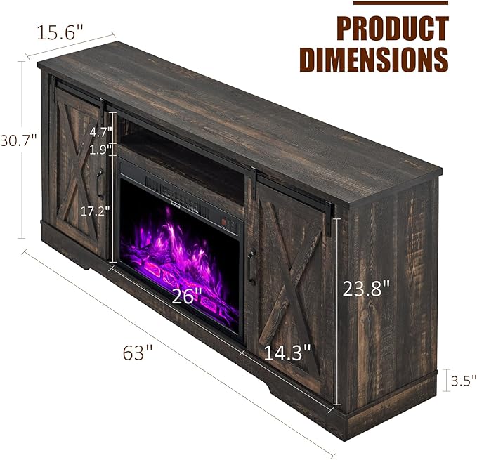 AMERLIFE Fireplace TV Stand with Sliding Barn Door for TVs up to 73", Farmhouse 63" Fireplace Entertainment Center with Storage Cabinets/Adjustable Shelves, Dark Rustic Oak