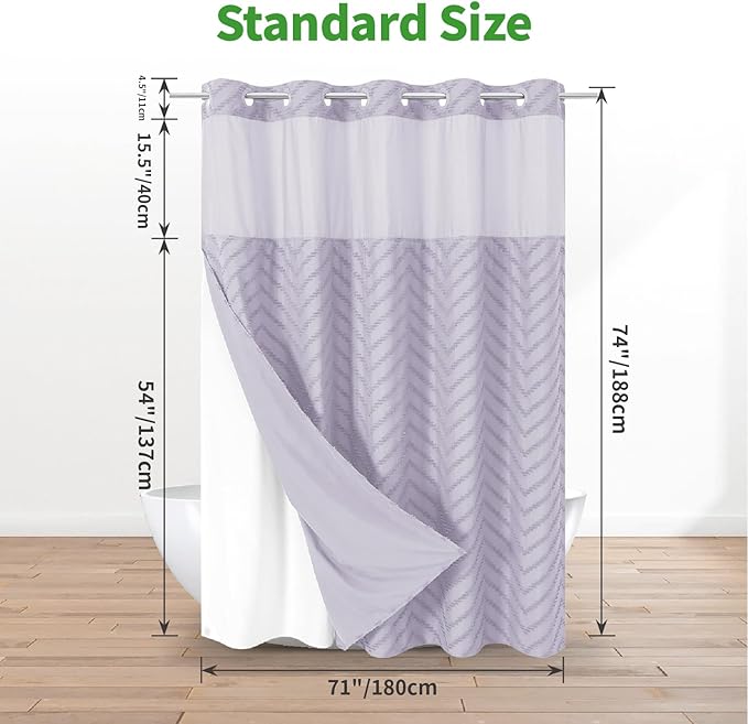 No Hook Boho Farmhouse Shower Curtain with Snap-in Fabric Liner set-71Wx74H(72H),Tufted Chevron Striped Hotel Grade Cloth Shower Curtains for Bathroom with Window,Water Repellent,Lavender