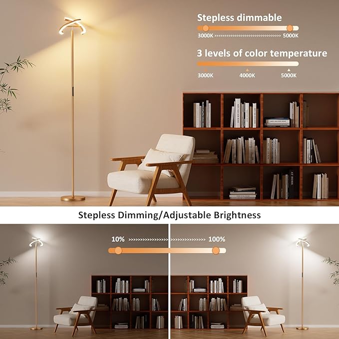 LED Floor Lamp - 70" Tall Modern Standing Lamp with 2 Rotatable Lights, Remote & Touch Control, 24W Bright Stepless Dimmable, Ideal for Living Room Bedroom Office(Gold)