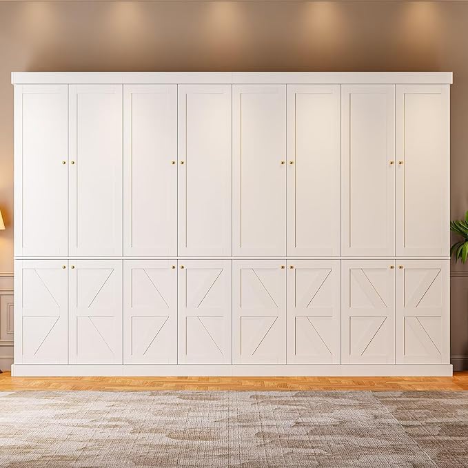 Vyre 70.8" Tall White Bookshelf with Doors, Farmhouse Modular Bookcase with 4-Tier Adjustable Shelves, Large Storage Cabinet for Home Office, Living Room, Set of 4