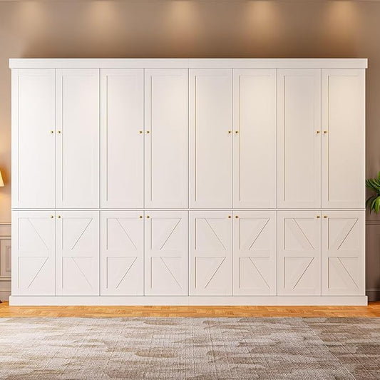 Vyre 70.8" Tall White Bookshelf with Doors, Farmhouse Modular Bookcase with 4-Tier Adjustable Shelves, Large Storage Cabinet for Home Office, Living Room, Set of 4