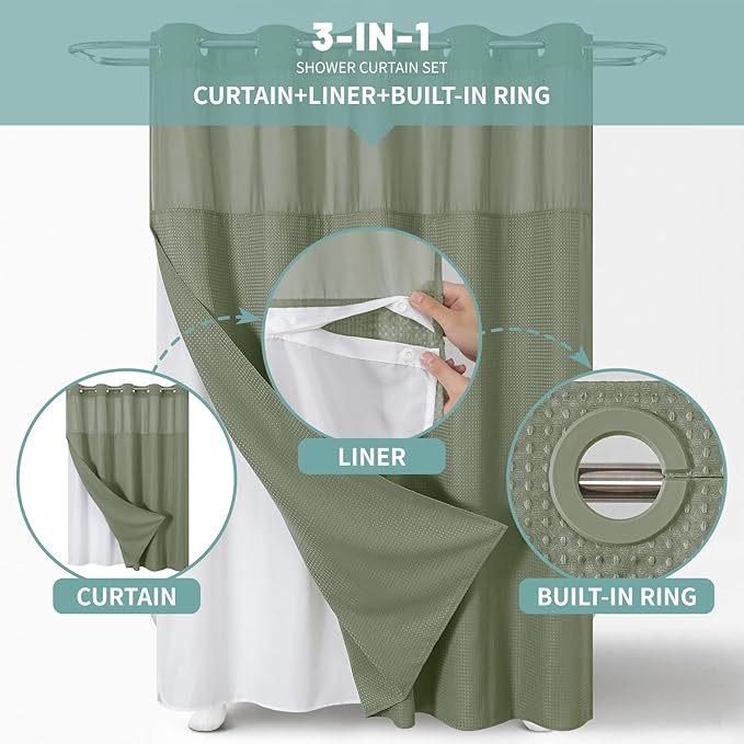 SageGreen No Hook Waffle Weave Shower Curtain with snap-in Liner Replacement, 230GSM Waterproof Fabric Hotel Shower Curtain Set for Bathroom, Through Mesh Top Window,71Wx74H