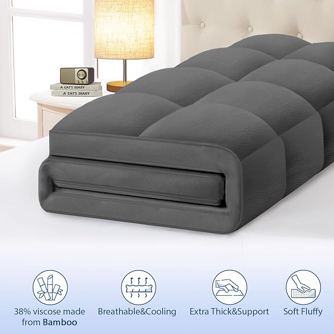 ELEMUSE Twin XL Grey Cooling Bamboo Viscose Mattress Topper for College Dorm, Extra Long Twin Mattress Pad Cover for Back Pain, Soft Pillowtop with Deep Pocket, Overfilled Down Alternative Filling